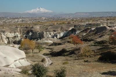"Vallée des pigeons" de Göreme avec le volcan Erciyes enneigé à l'horizon